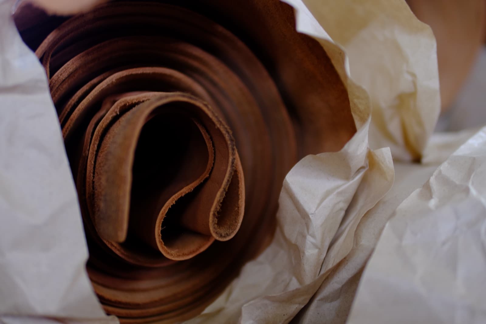Folded full-grain leather hides