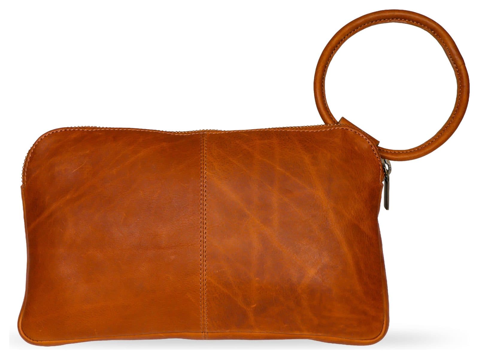 Tan leather clutch with a ring handle