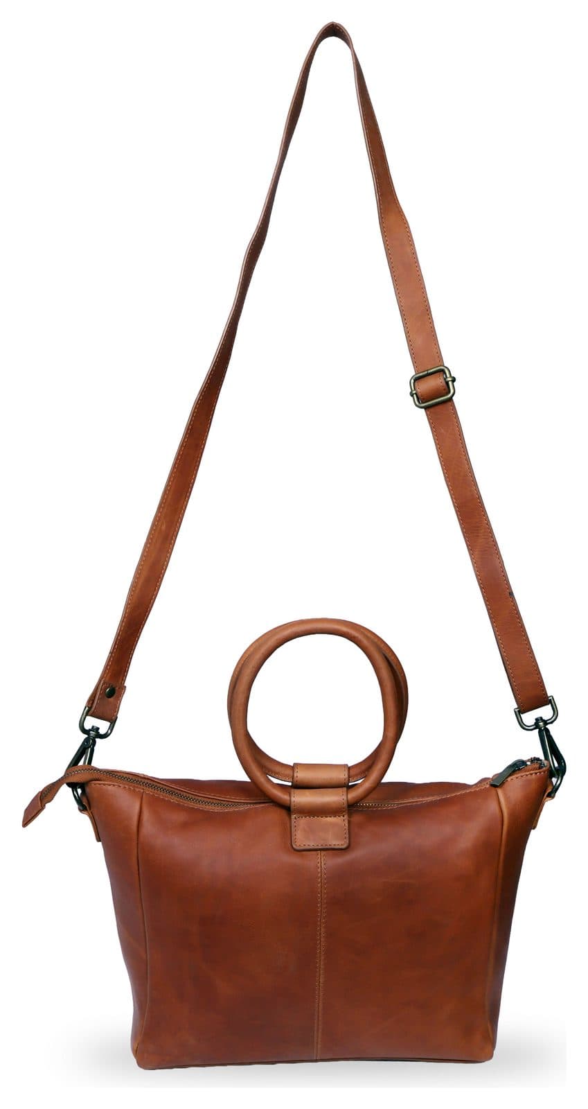 Tan leather weekender duffle with round handles