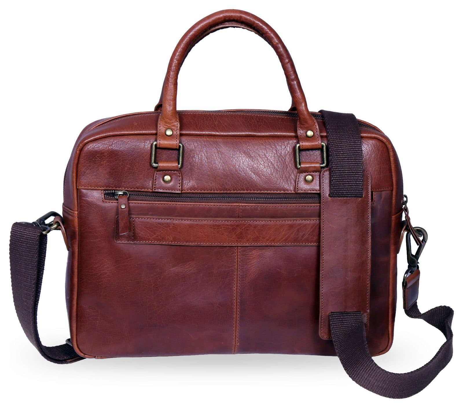 Brown leather laptop bag with shoulder strap