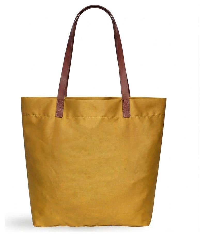 Mustard full-grain leather tote with slim shoulder handles